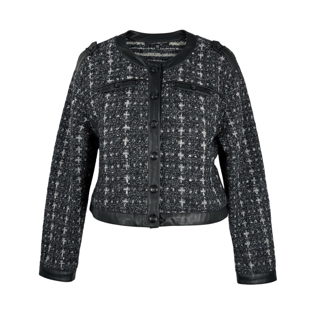White House Black Market Tweed Wool blend Leather Trim Blazer money classic sz L